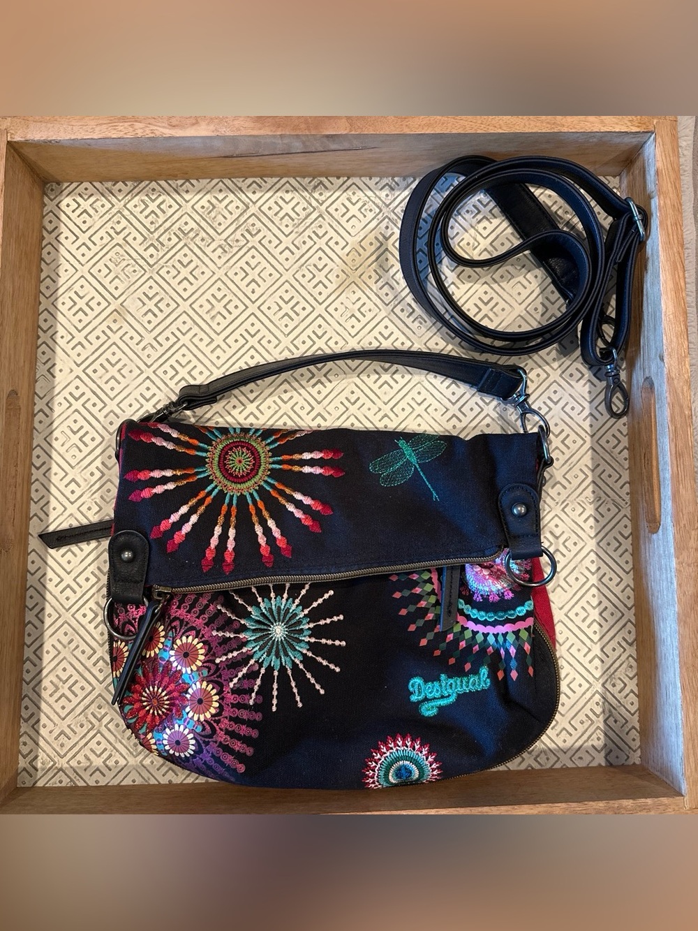 Desigual Black Crossbody Bag with Colorful Embroidered Motifs